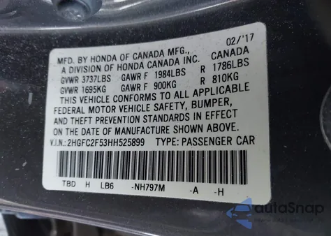 2017 Honda Civic Lx from USA, damaged, VIN 2HGFC2F53HH525899